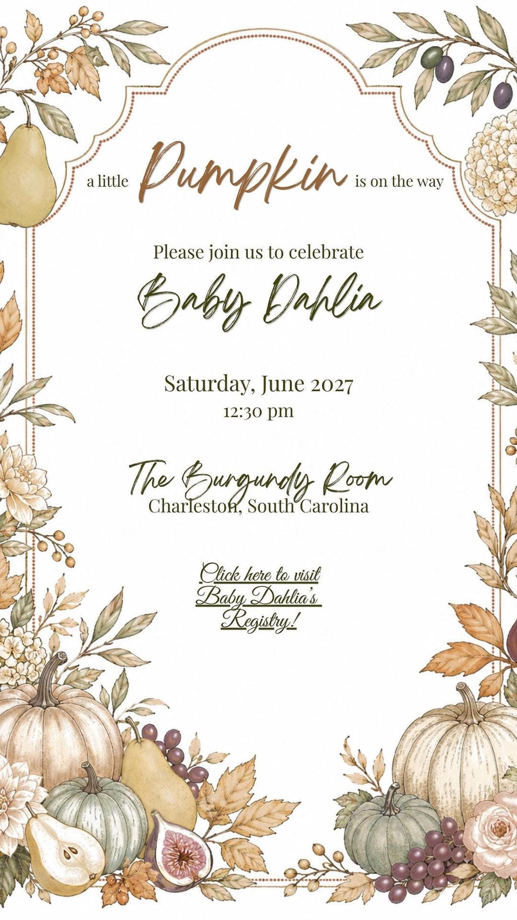 A baby shower invitation card with a watercolor border of pumpkins, gourds, and fall leaves, with event details and a registry link.