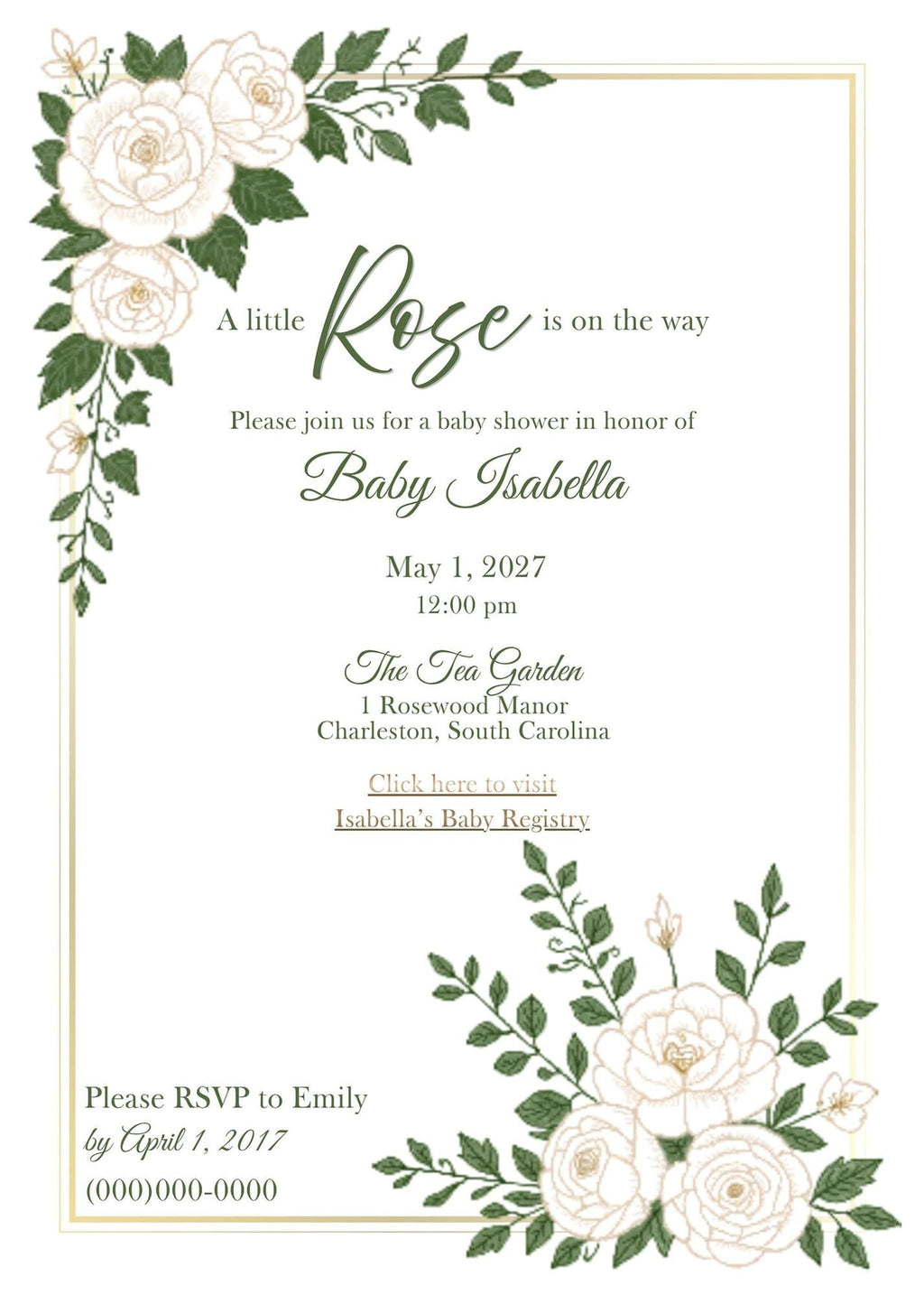 A white baby shower invitation with a gold border and white roses with green leaves in the top left and bottom right corners, with text reading "A little Rose is on the way".