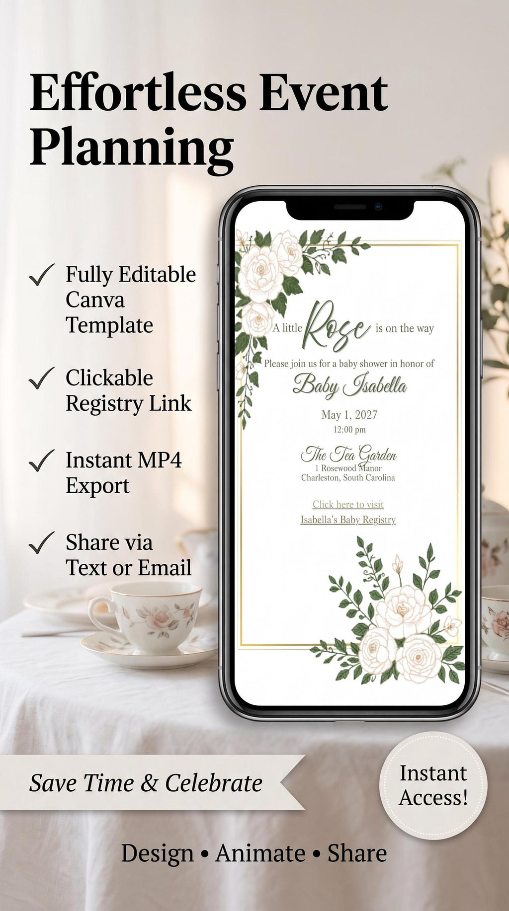 A smartphone displaying the baby shower invitation with white roses and green leaves, next to text listing features like "Fully Editable Canva Template".