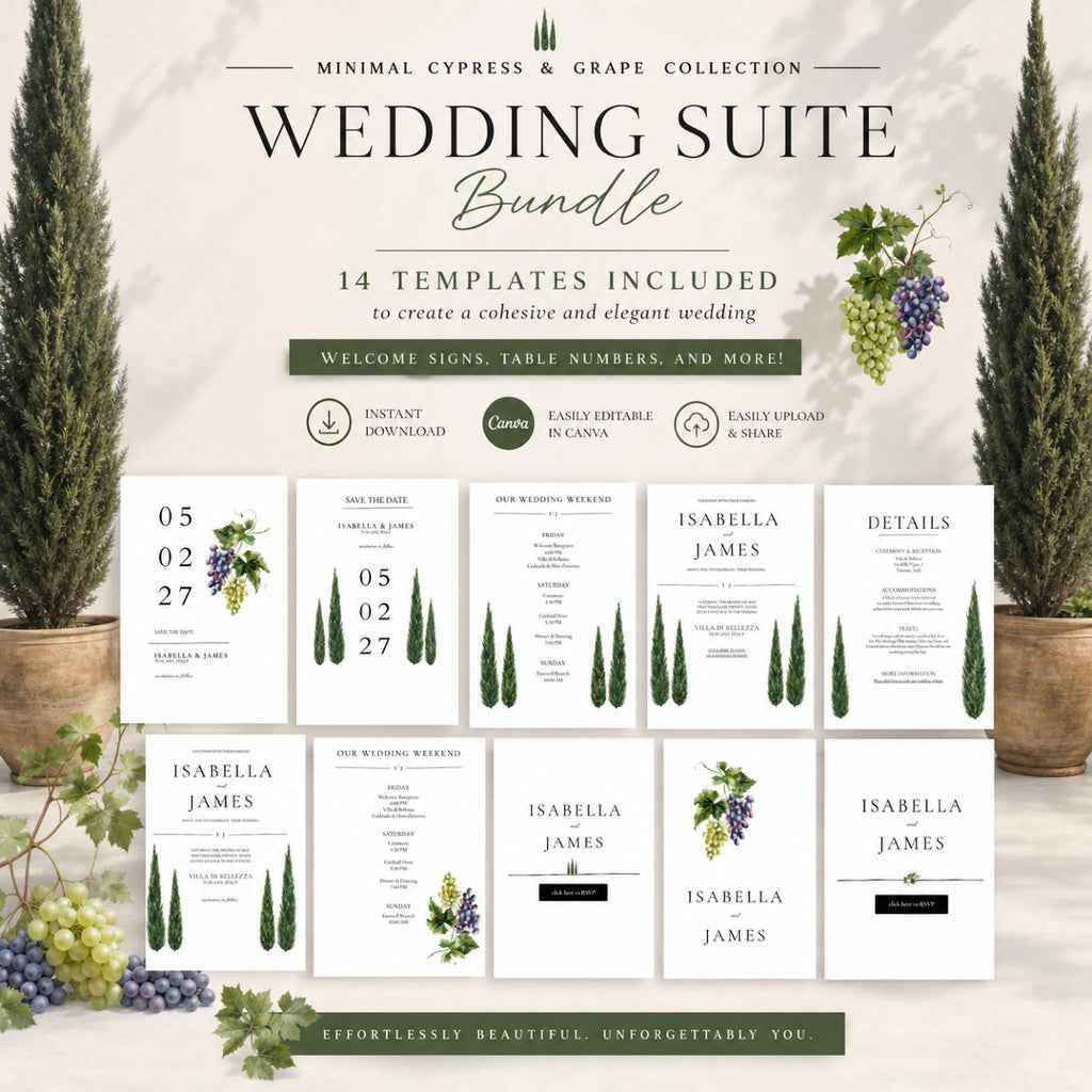 Minimal Cypress & Grape Wedding Suite Bundle | 14 Editable Canva Templates | Instant Download