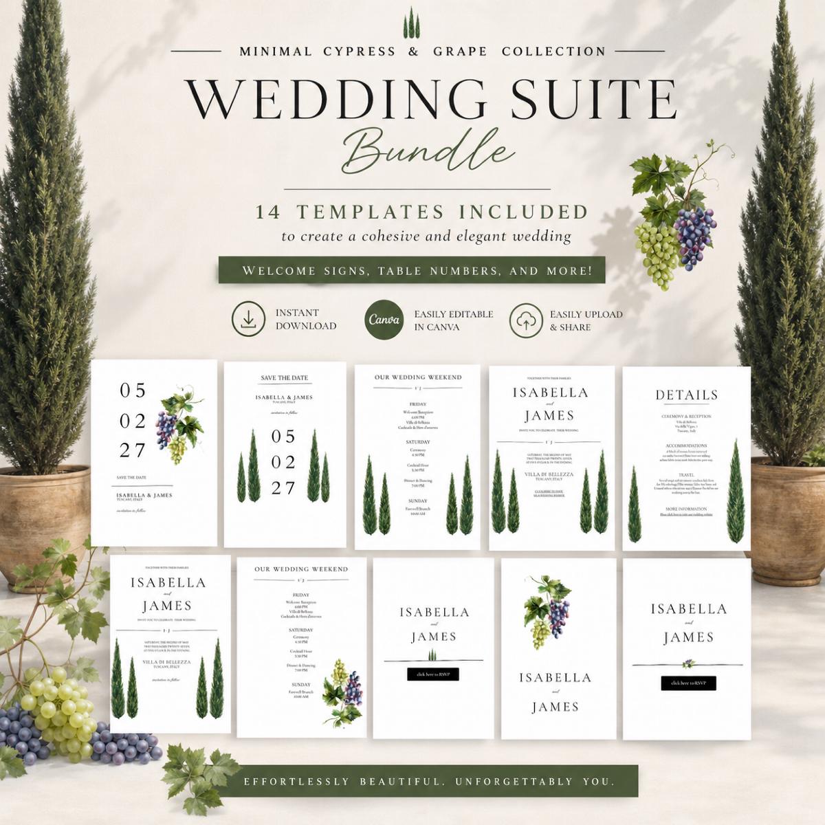 Minimal Cypress & Grape Wedding Suite Bundle | 14 Editable Canva Templates | Instant Download