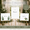 Minimal Cypress and Grape Wedding Reception Sign Bundle | 92 Editable Canva Templates | Welcome Signs, Table Numbers and Wedding Signage