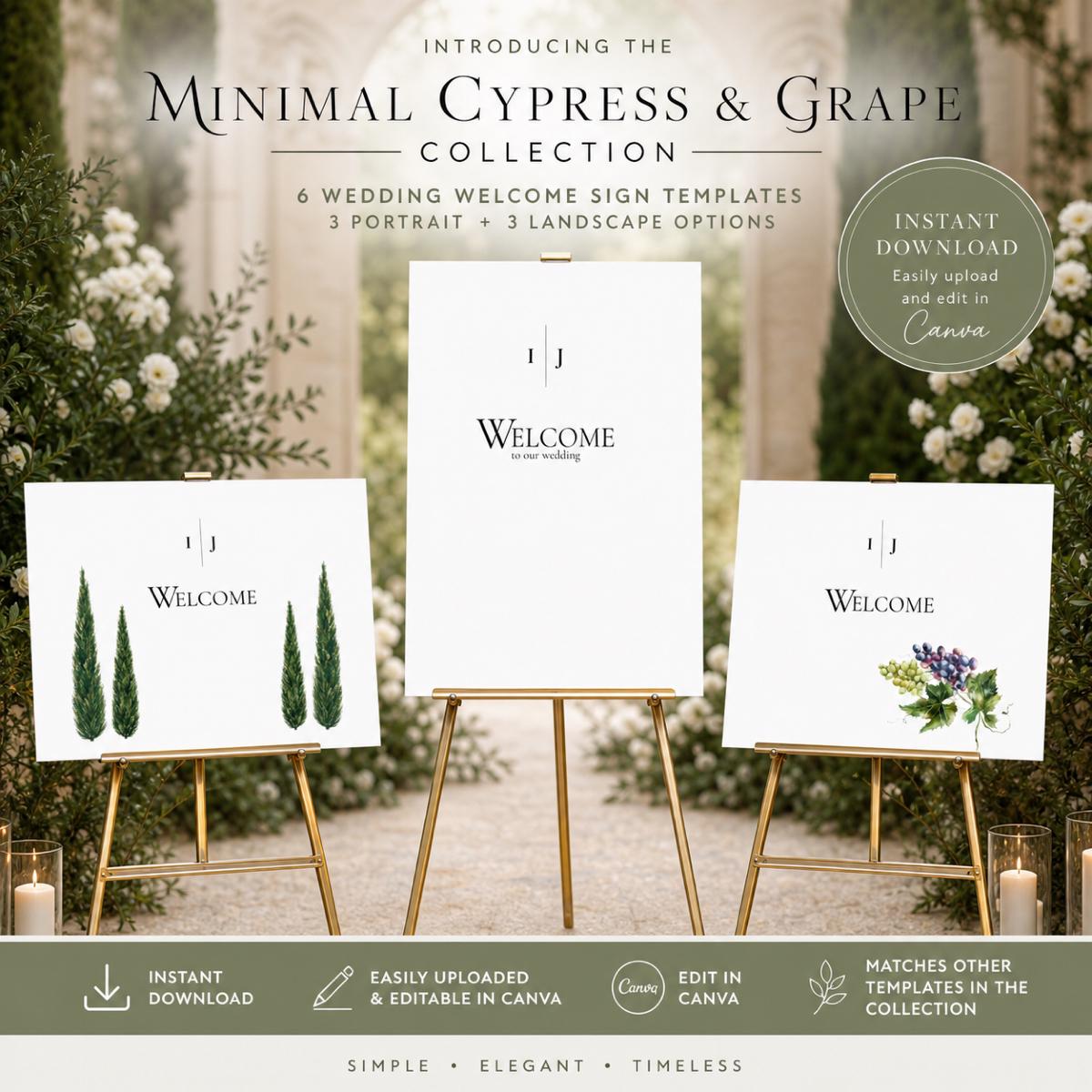 Minimal Cypress and Grape Wedding Reception Sign Bundle | 92 Editable Canva Templates | Welcome Signs, Table Numbers and Wedding Signage