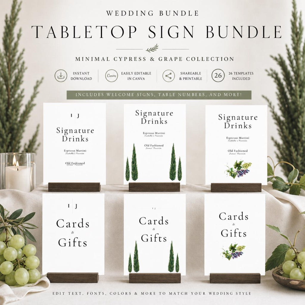 Minimal Cypress and Grape Wedding Reception Sign Bundle | 92 Editable Canva Templates | Welcome Signs, Table Numbers and Wedding Signage