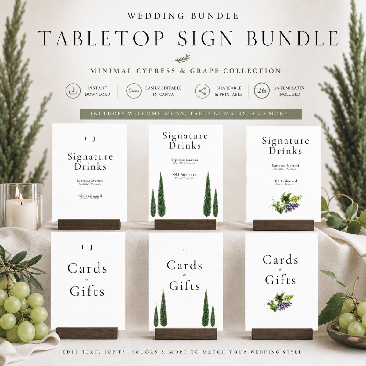 Minimal Cypress and Grape Wedding Reception Sign Bundle | 92 Editable Canva Templates | Welcome Signs, Table Numbers and Wedding Signage