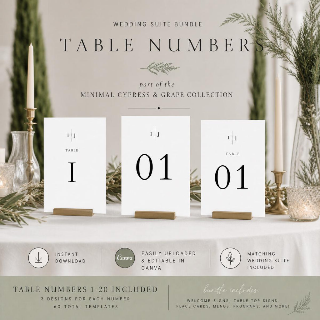Minimal Cypress and Grape Wedding Reception Sign Bundle | 92 Editable Canva Templates | Welcome Signs, Table Numbers and Wedding Signage
