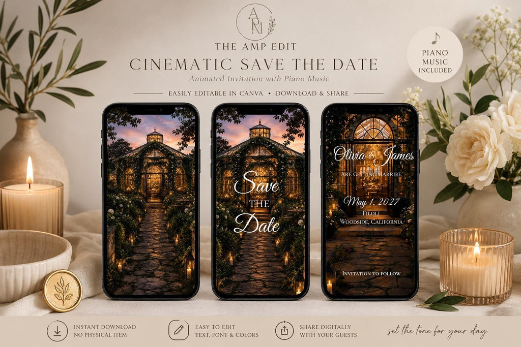 Cinematic Secret Garden Save the Date Template, Editable in Canva, Includes 2 Versions - Twilight and Verdant