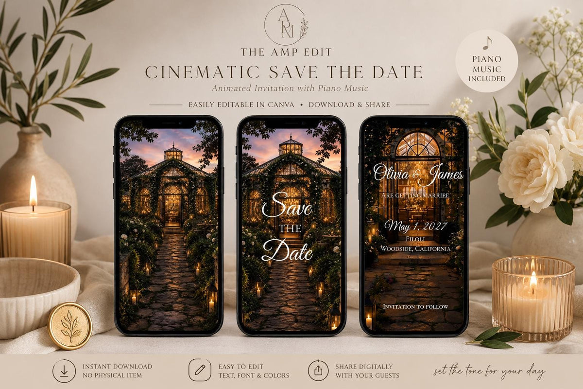 Cinematic Secret Garden Save the Date Template, Editable in Canva, Includes 2 Versions - Twilight and Verdant