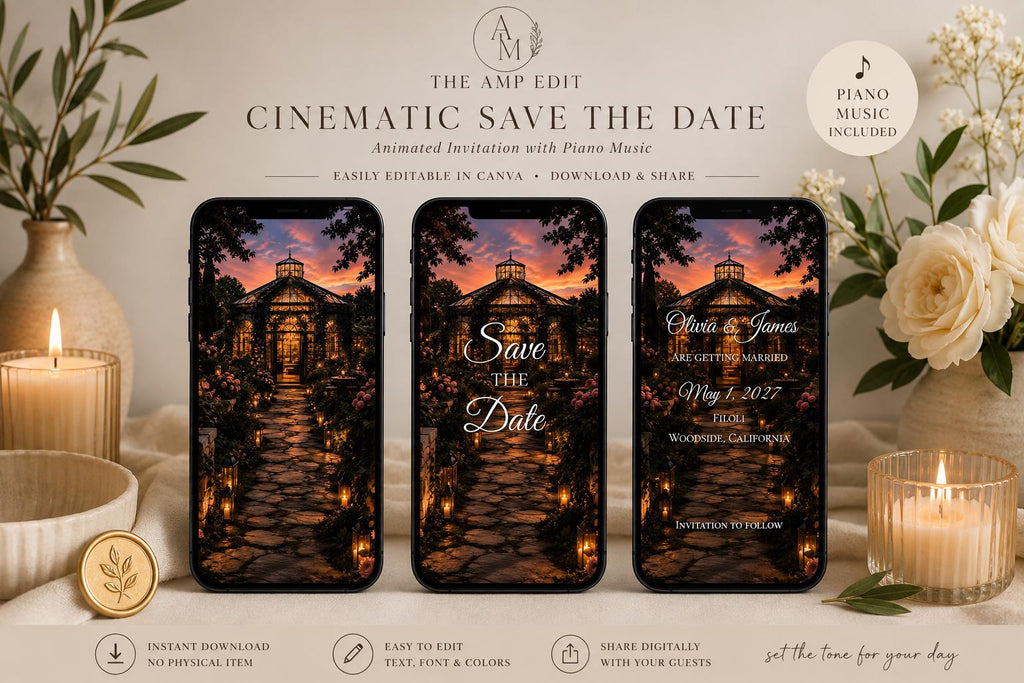 Cinematic Secret Garden Save the Date Template, Editable in Canva, Includes 2 Versions - Twilight and Verdant
