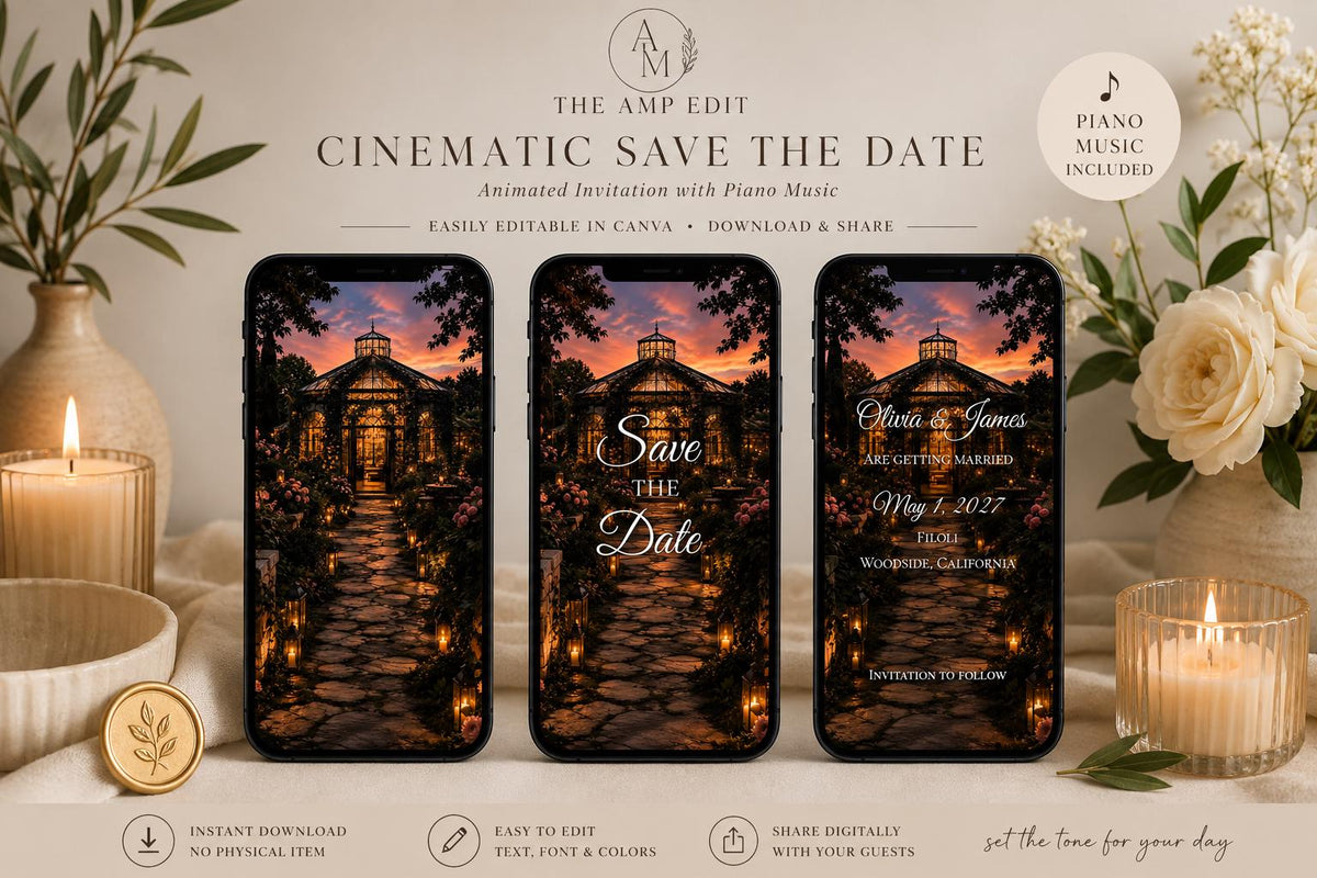 Cinematic Secret Garden Save the Date Template, Editable in Canva, Includes 2 Versions - Twilight and Verdant