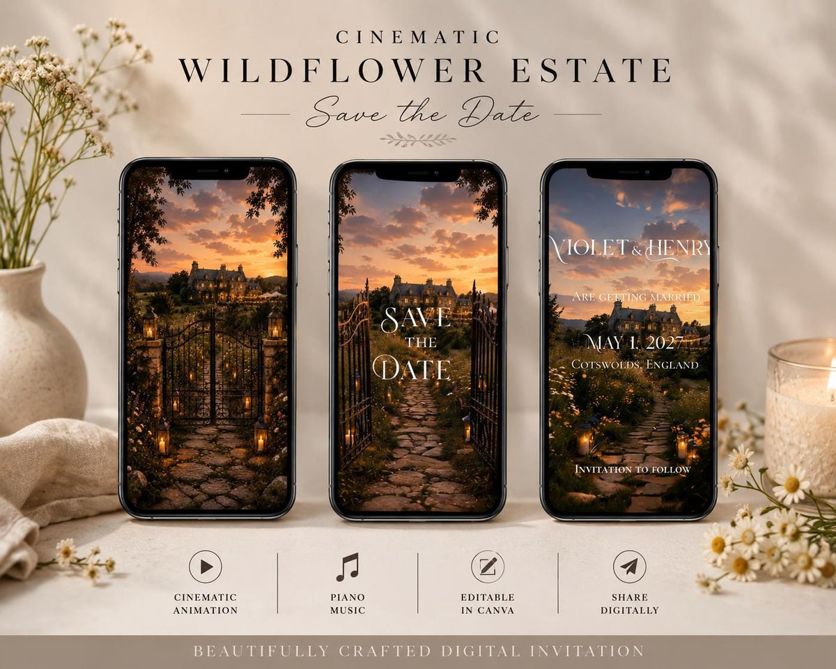 Cinematic Wildflower English Estate Save the Date Template, Editable in Canva Invitation