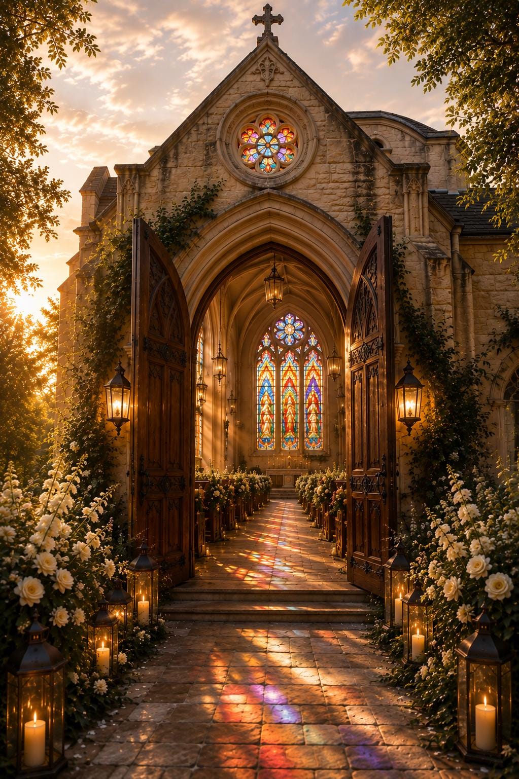 Cinematic Stained Glass Chapel Save the Date Template, Editable in Canva