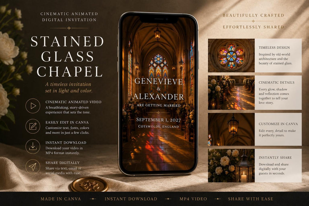 Cinematic Stained Glass Chapel Save the Date Template, Editable in Canva