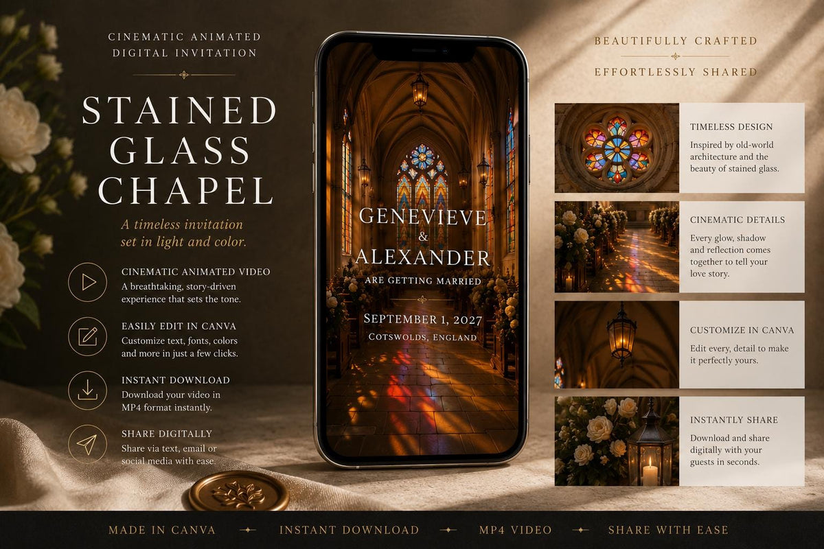 Cinematic Stained Glass Chapel Save the Date Template, Editable in Canva