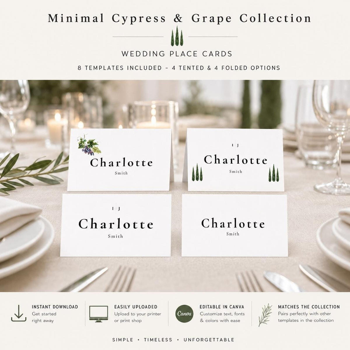 Four white folded place cards are arranged on a white tablecloth, with two featuring a small cluster of grapes and two featuring two tall, slender cypress trees, all reading "Charlotte Smith" in black text.