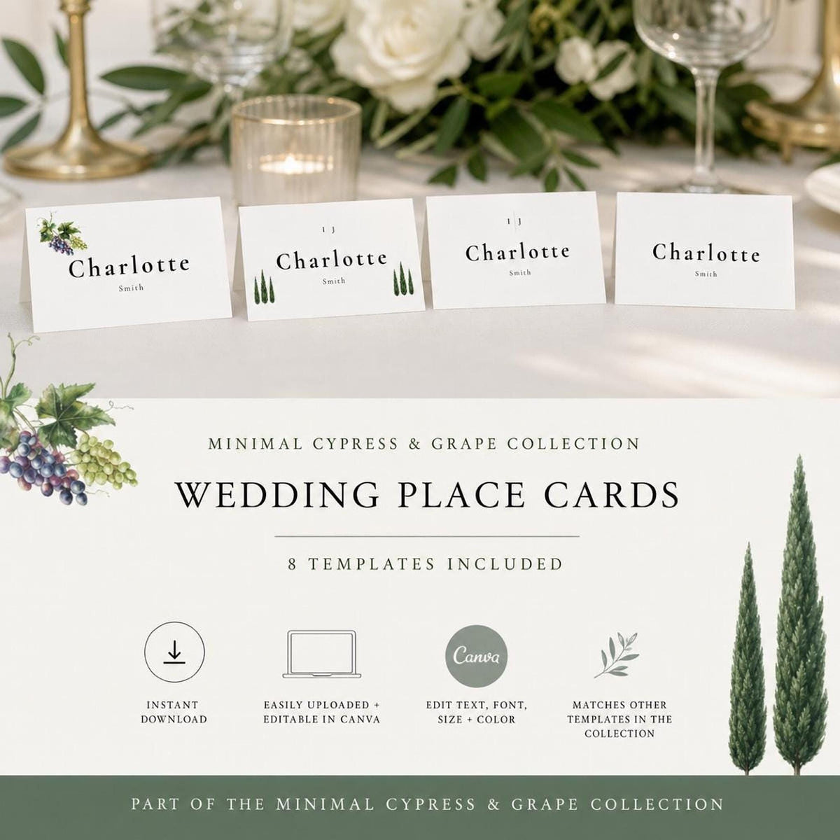 Four white folded place cards are arranged on a white tablecloth, with two featuring a small cluster of grapes and two featuring two tall, slender cypress trees, all reading "Charlotte Smith" in black text.
