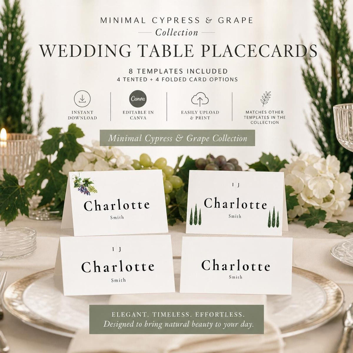 Four white folded place cards are arranged on a white tablecloth, with two featuring a small cluster of grapes and two featuring two tall, slender cypress trees, all reading "Charlotte Smith" in black text.