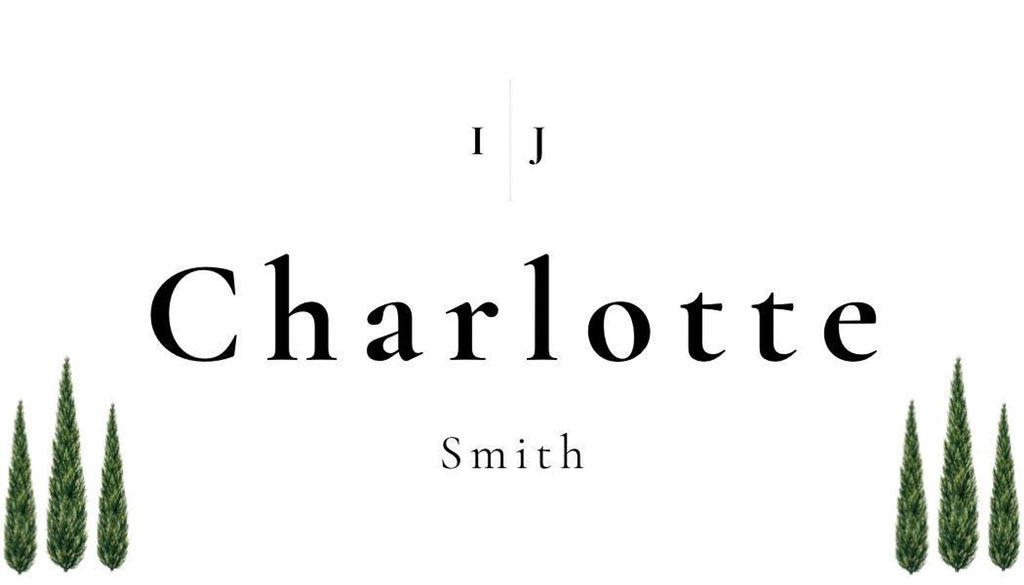 A white background with the name "Charlotte Smith" in black serif font, and two watercolor cypress trees on either side of the name.