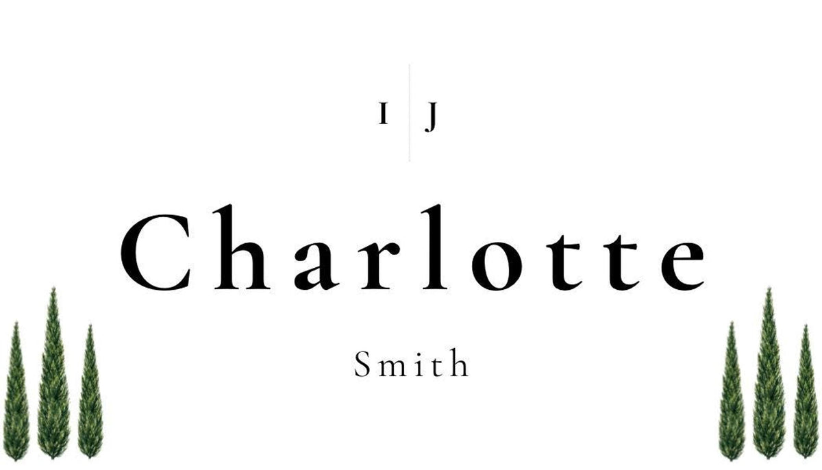A white background with the name "Charlotte Smith" in black serif font, and two watercolor cypress trees on either side of the name.