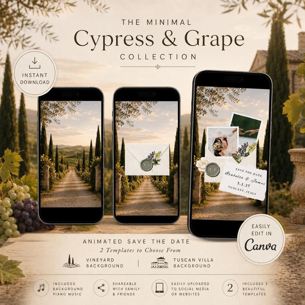 Three smartphones display digital wedding invitations with a vineyard path background, showing an envelope with a wax seal, and a save-the-date card with photos and text.