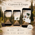 Three smartphones display digital wedding invitations with a vineyard path background, showing an envelope with a wax seal, and a save-the-date card with photos and text.