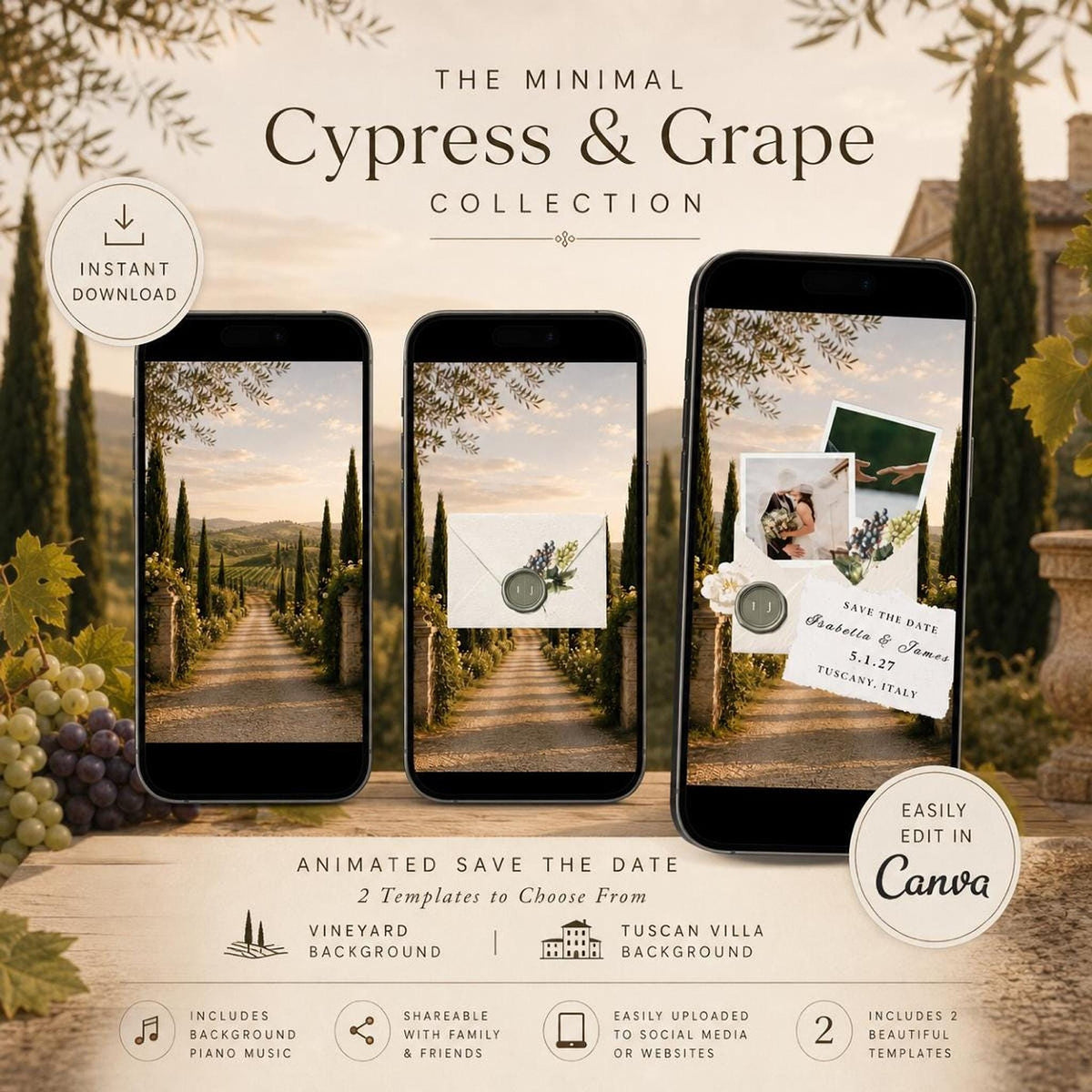 Three smartphones display digital wedding invitations with a vineyard path background, showing an envelope with a wax seal, and a save-the-date card with photos and text.