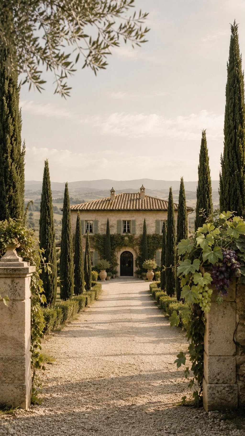 A long gravel path lined with tall cypress trees and manicured hedges leads to a large, traditional Italian villa with a tiled roof and green shutters.
