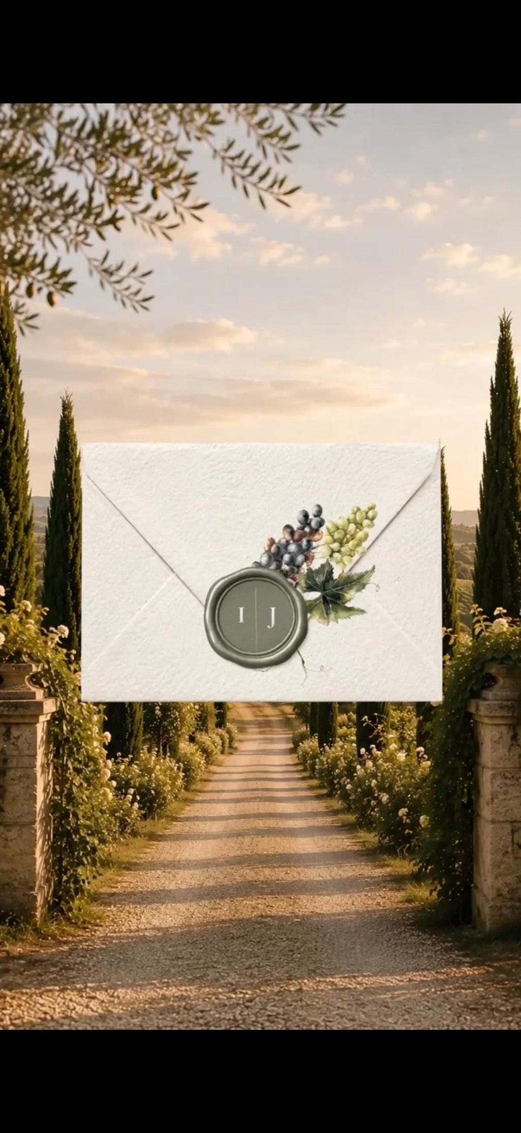 A digital wedding invitation envelope with a green wax seal and grape cluster illustration is centered over a vineyard path background.