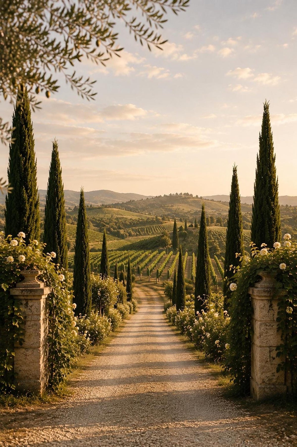 A gravel path lined with cypress trees and white roses leads through rolling hills with vineyards under a bright sky.