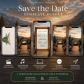 Five smartphones display various fall-themed wedding invitation designs, with text overlays like "Save the Date Template Bundle" and icons for features.