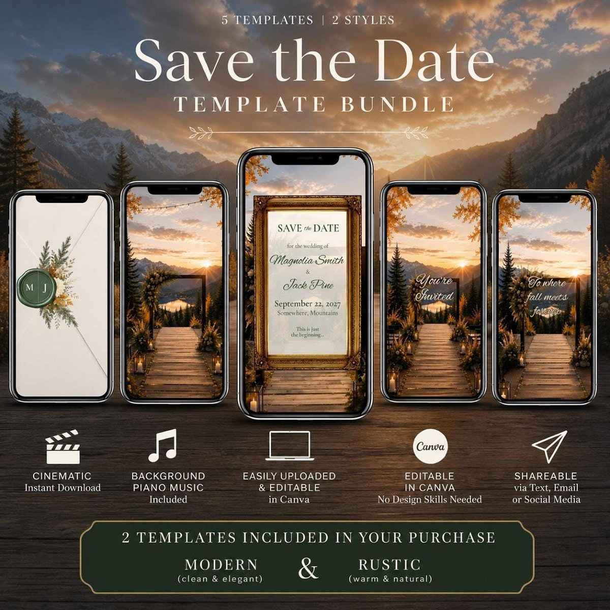 Five smartphones display various fall-themed wedding invitation designs, with text overlays like "Save the Date Template Bundle" and icons for features.