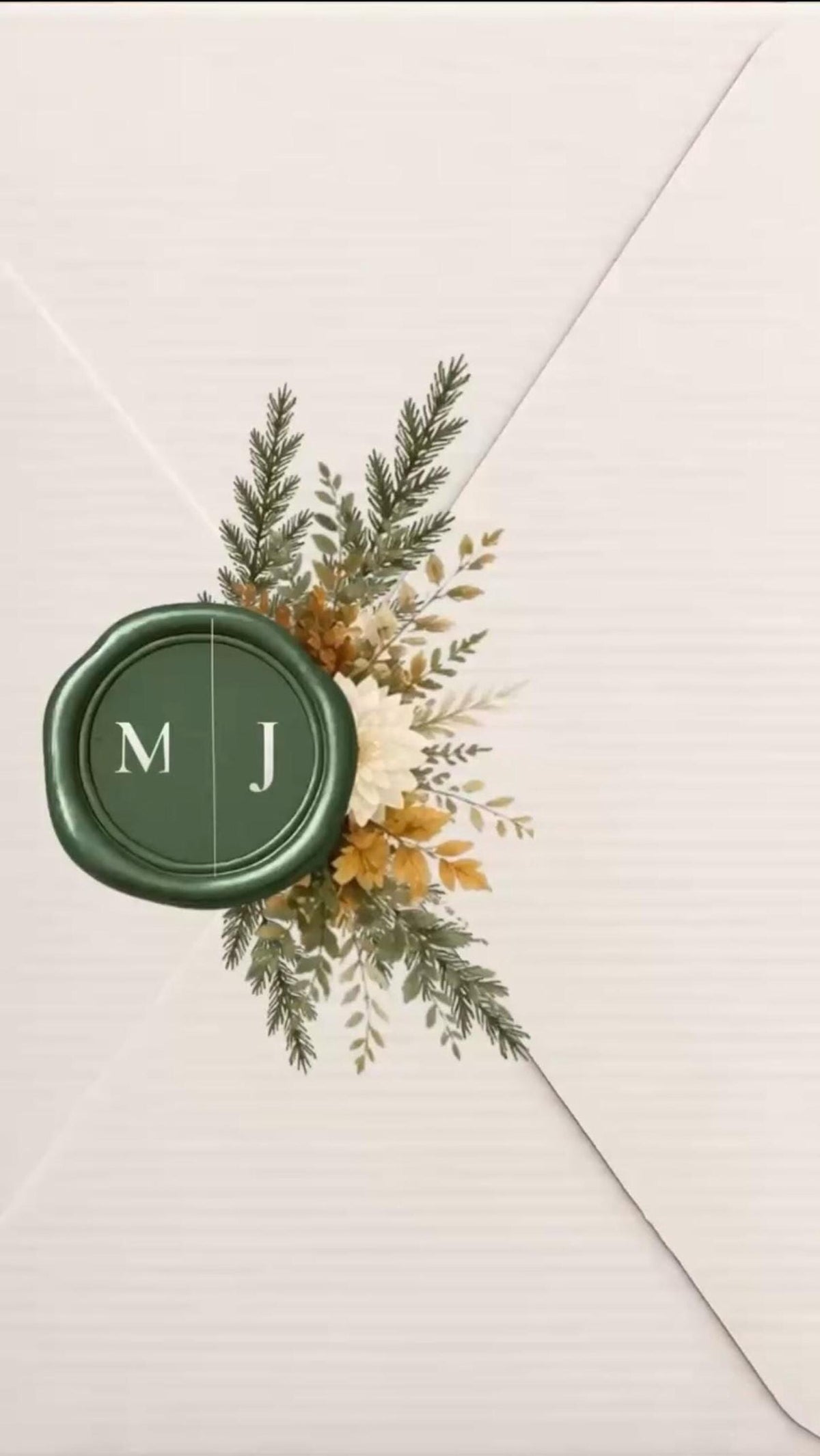 A white envelope with a green wax seal featuring the letters "M J" and surrounded by fall foliage.