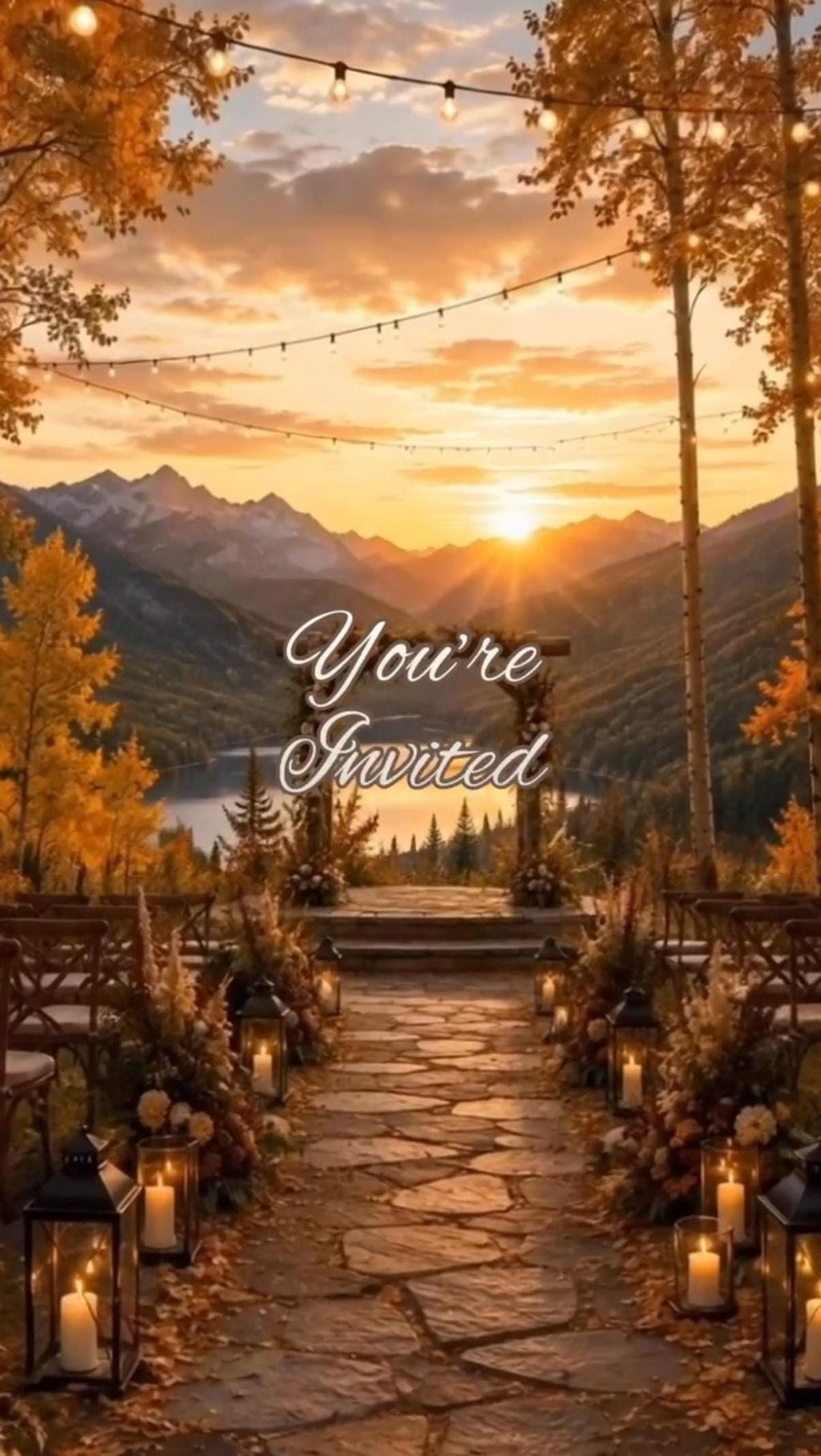 A stone path leads to a wedding arch with "You're Invited" text overlay, overlooking a lake and mountains at sunset, with lanterns and chairs lining the aisle.