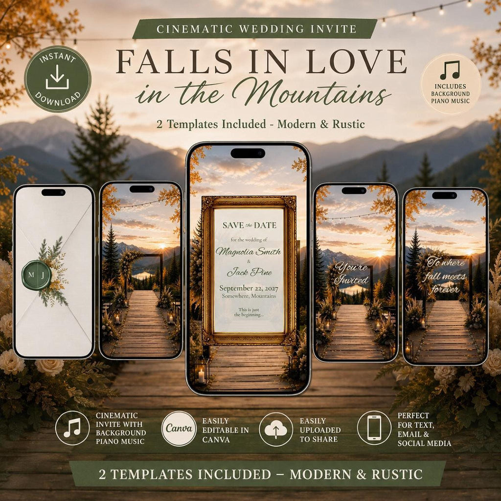 Five smartphones show fall wedding invitations, with text "Cinematic Wedding Invite Falls in the Mountains" and feature icons below.
