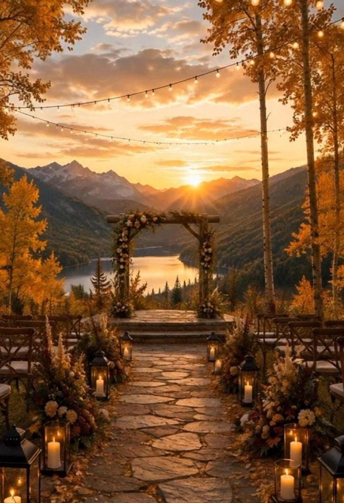 A stone path leads to a wooden wedding arch decorated with flowers, overlooking a lake and mountains at sunset, with lanterns and chairs lining the aisle.