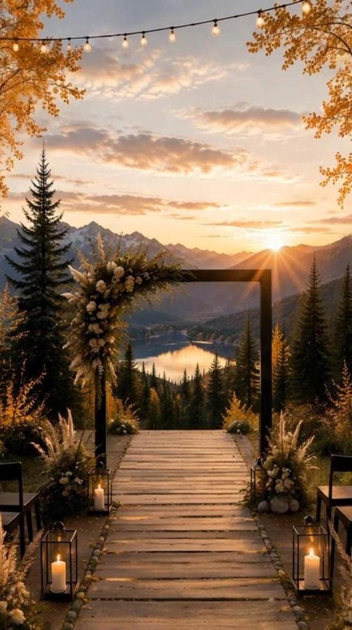 A wedding arch with white flowers and greenery stands on a wooden path overlooking a lake and mountains at sunset.