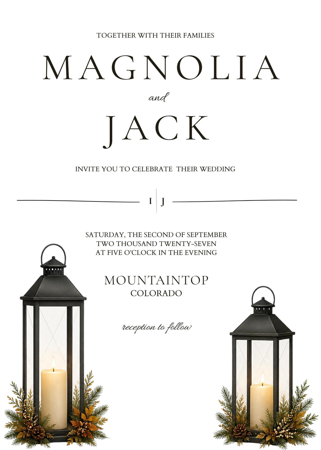 A white wedding invitation card with "Magnolia and Jack" text and event details, flanked by two black lanterns with lit candles.