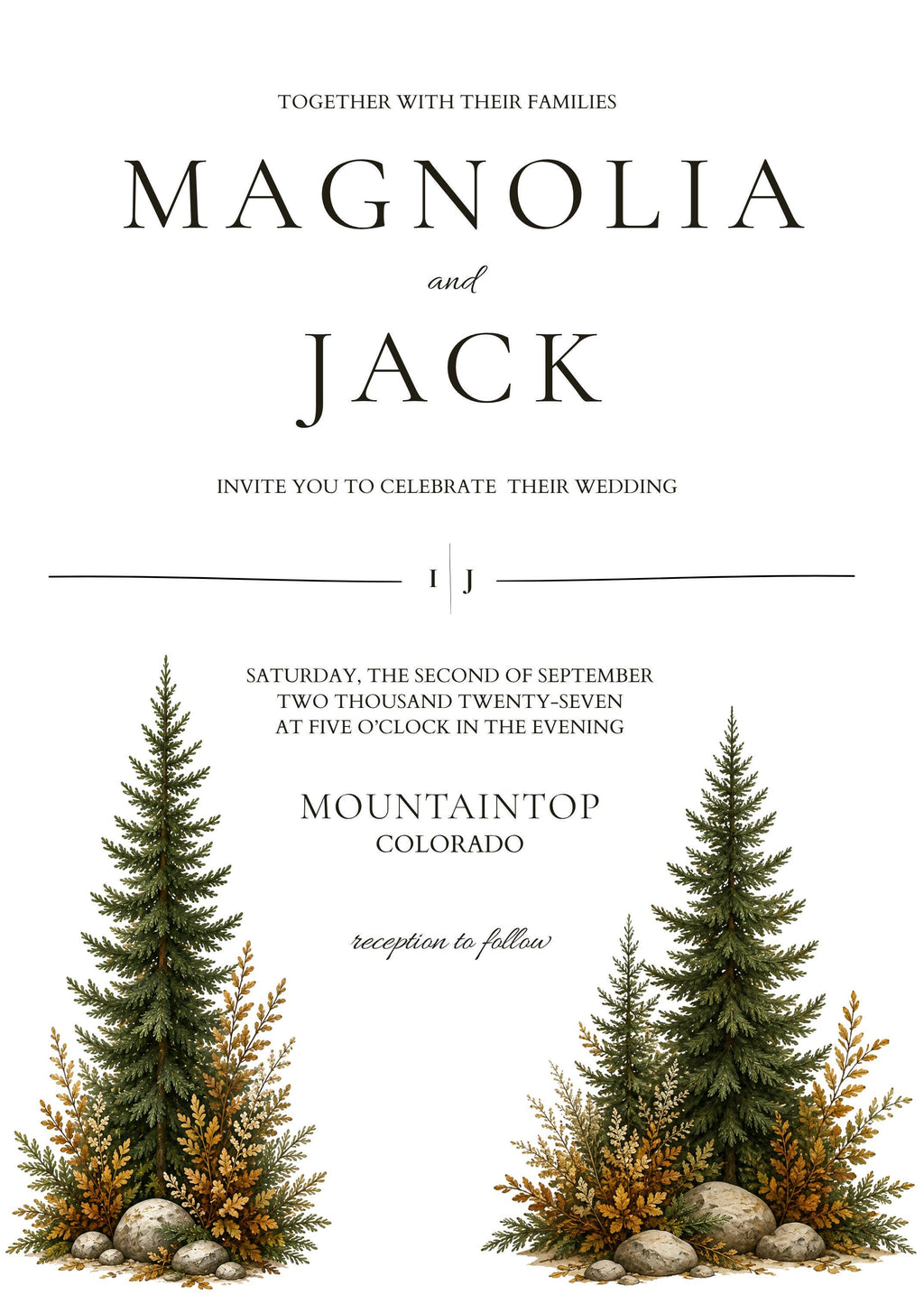 A white wedding invitation card with "Magnolia and Jack" text and event details, flanked by two evergreen trees with autumn foliage.