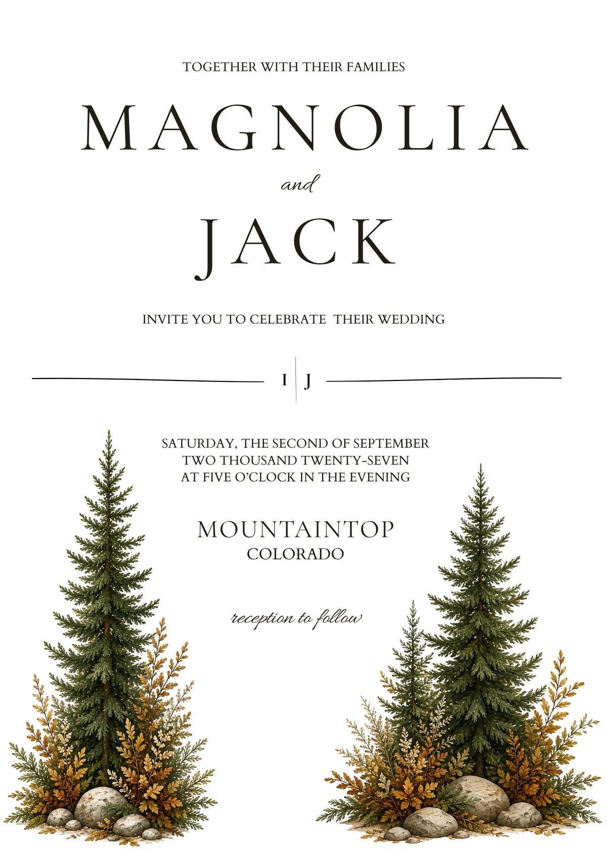A white wedding invitation card with "Magnolia and Jack" text and event details, flanked by two evergreen trees with autumn foliage.