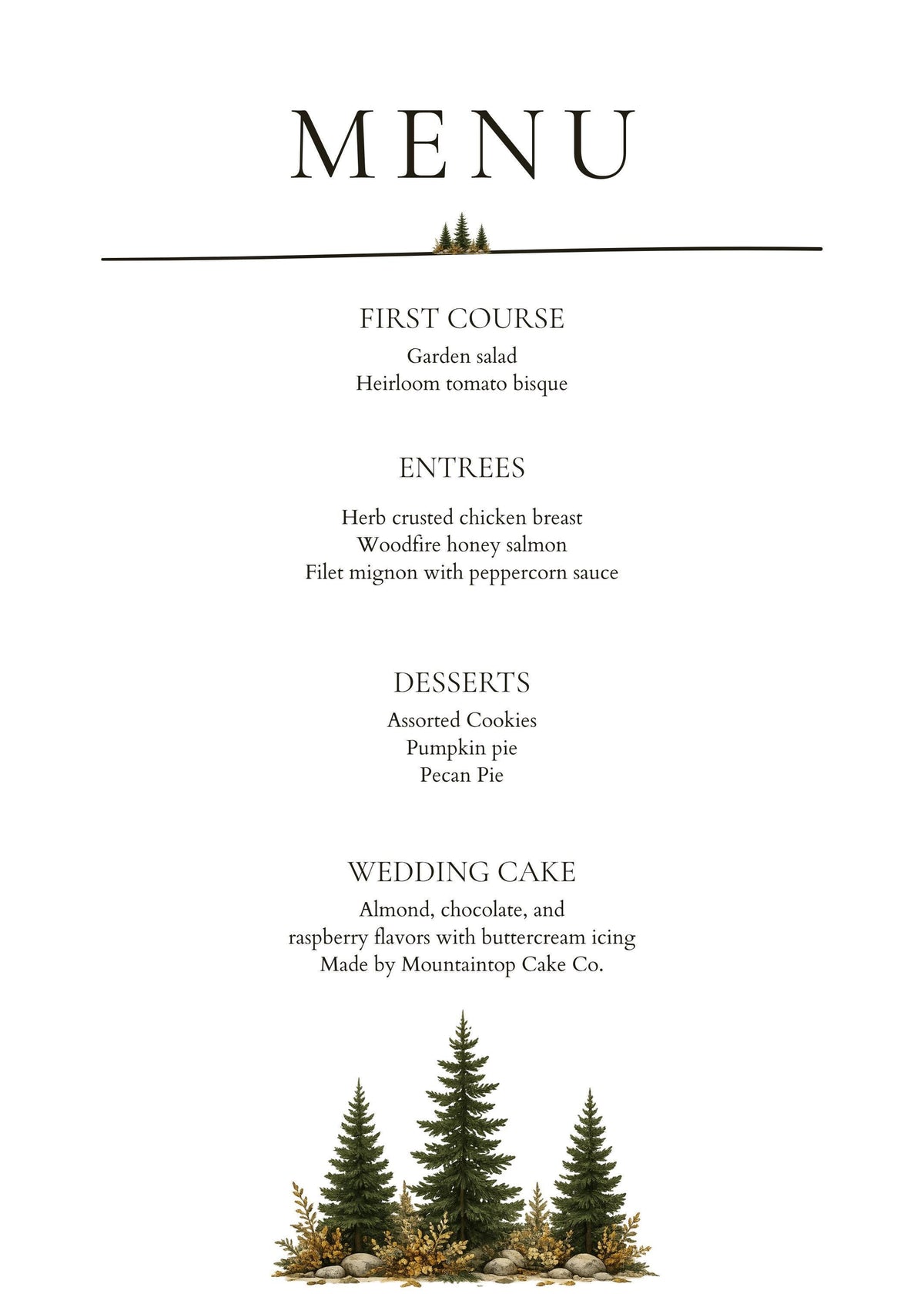 A white wedding menu card with black text, with a row of three pine trees and dried foliage at the bottom.
