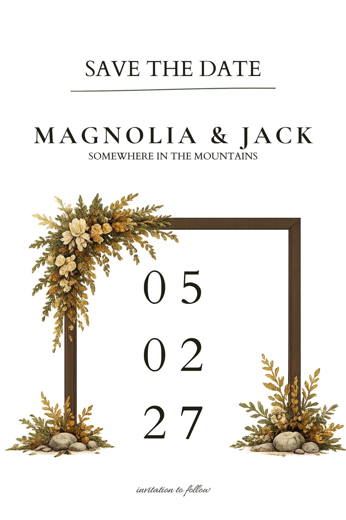 A white save the date card with "05 02 27" and "Magnolia & Jack" text, framed by a brown border with floral and leaf accents at the corners.