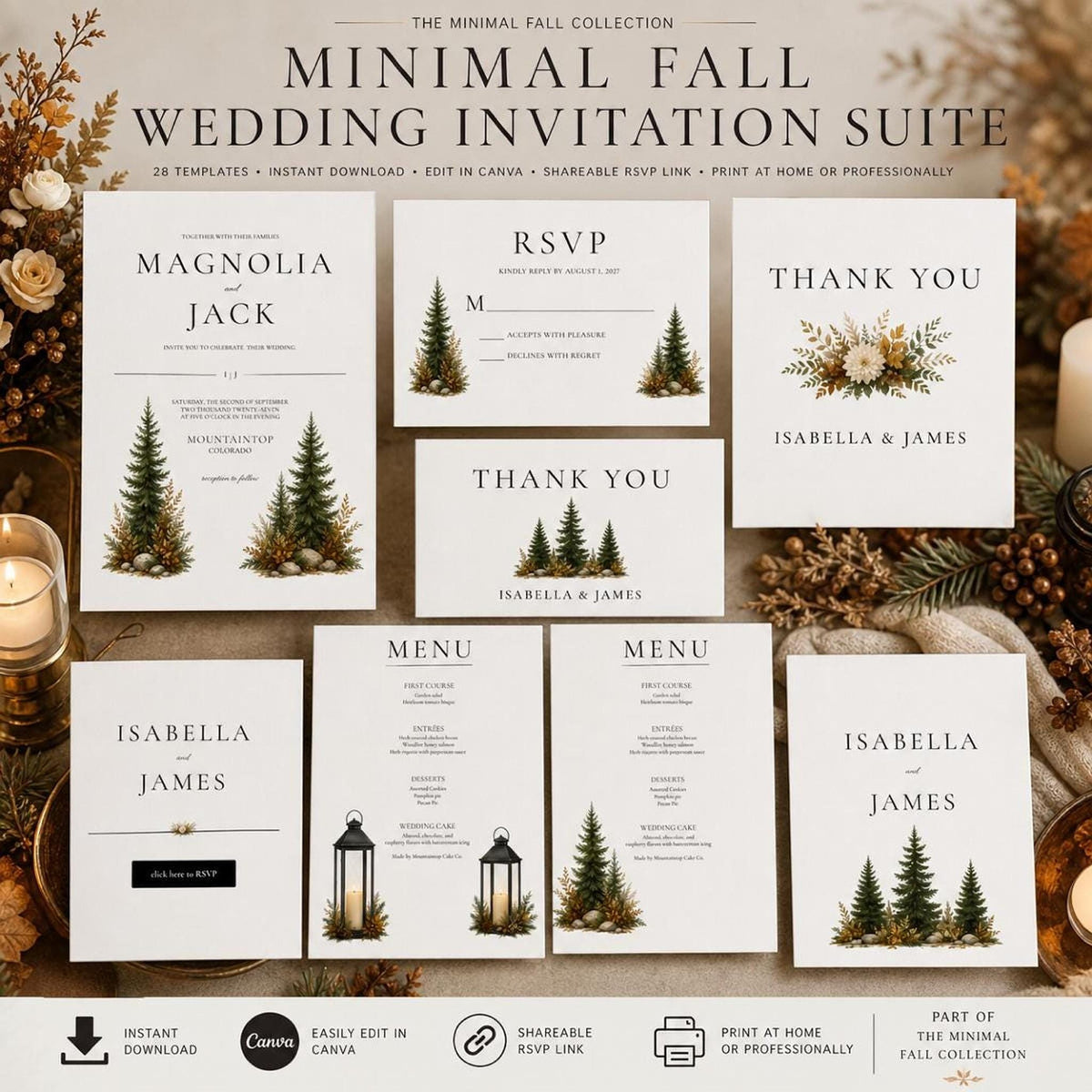 A flat lay of various wedding invitation suite cards, including save the date, RSVP, thank you, and menu cards, with evergreen trees and lanterns.
