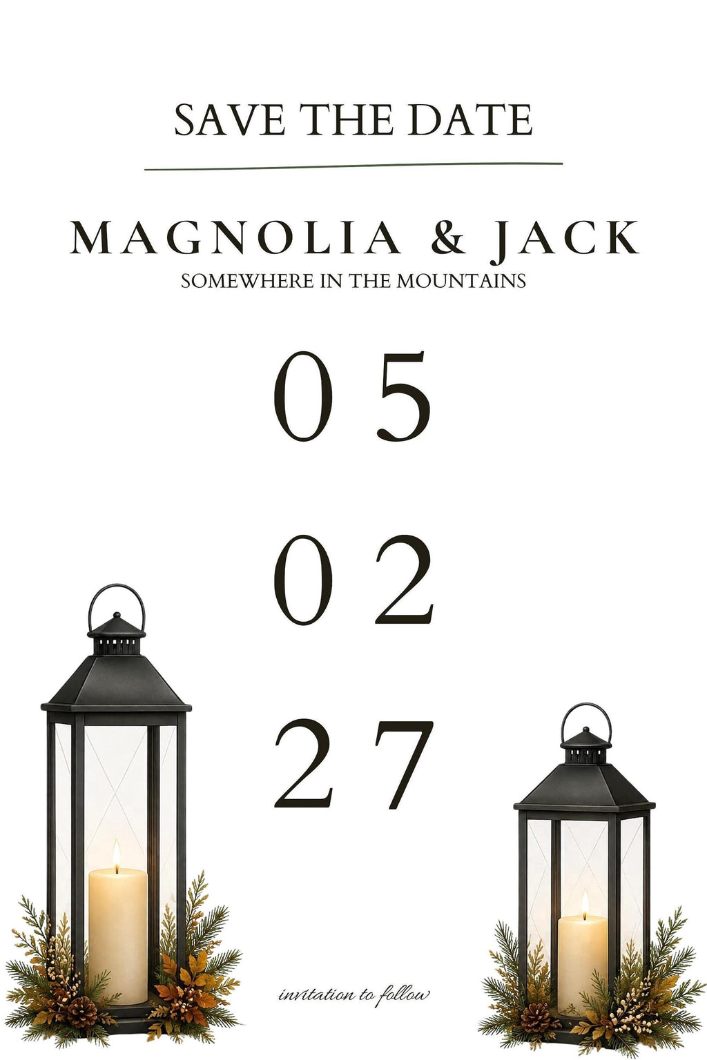 A white save the date card with "05 02 27" and "Magnolia & Jack" text, with a black lantern with a lit candle on each side.