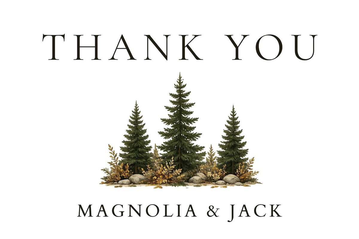 A white thank you card with black text, featuring three pine trees and dried foliage in the center.