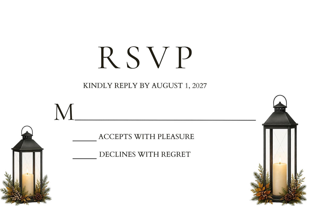 A white RSVP card with black text and blank lines, flanked by two black lanterns with lit candles and pine foliage at their bases.