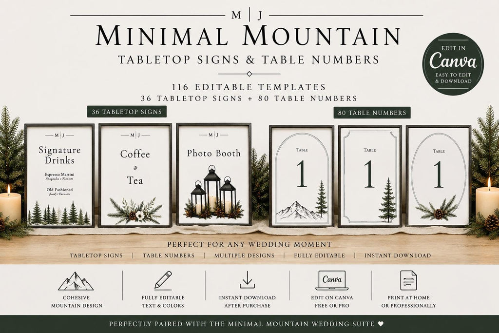 Minimal Mountain Wedding Table Numbers & Reception Signs Bundle, 116 Editable Canva Templates