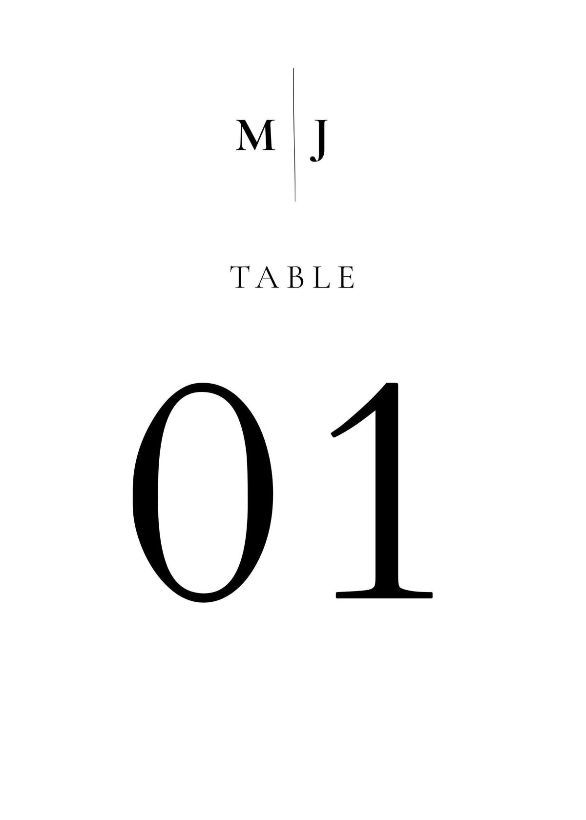 A white card with black text reading "M J" at the top, "TABLE" below, and a large "01" at the bottom.