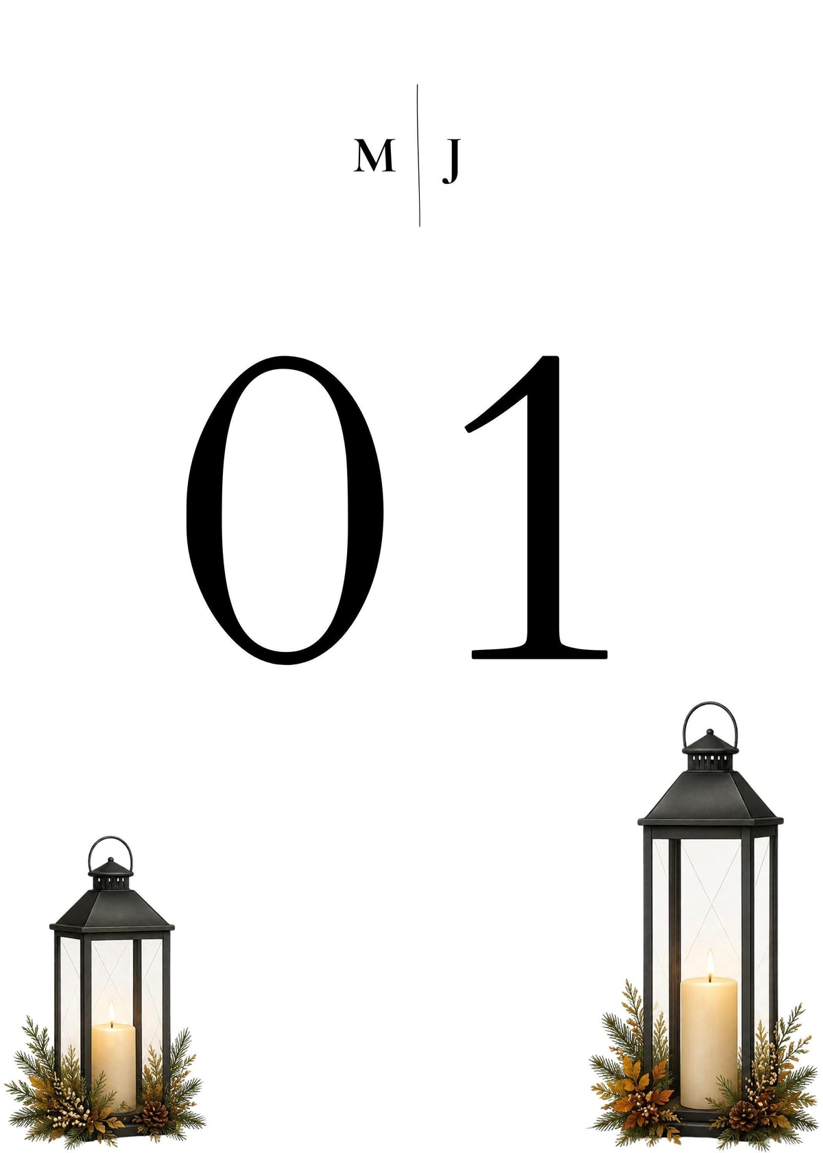 A white card with black text reading "M J" at the top and a large "01" at the bottom, flanked by two black lanterns with candles and pine sprigs.