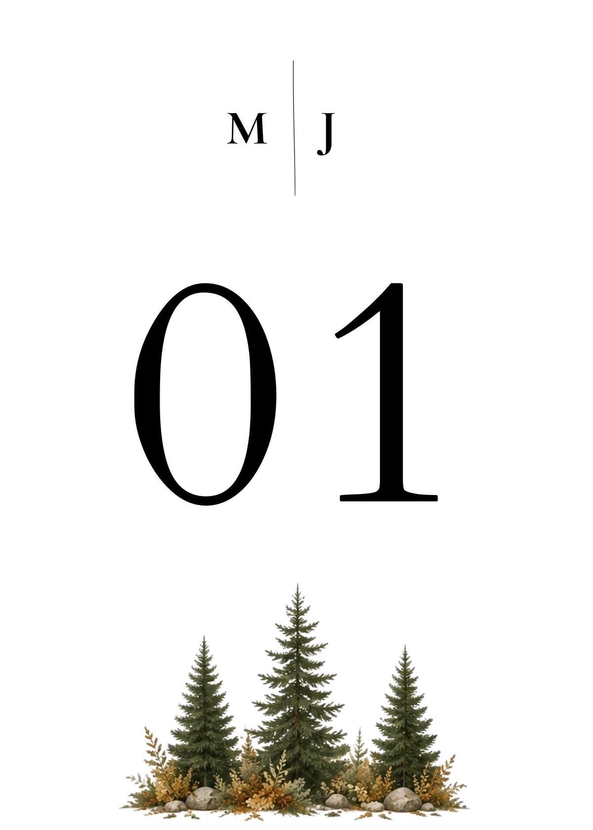 A white sign with a thin black line under the letters "M J" at the top, and a large "01" in the center, with three green pine trees and brown foliage at the bottom.