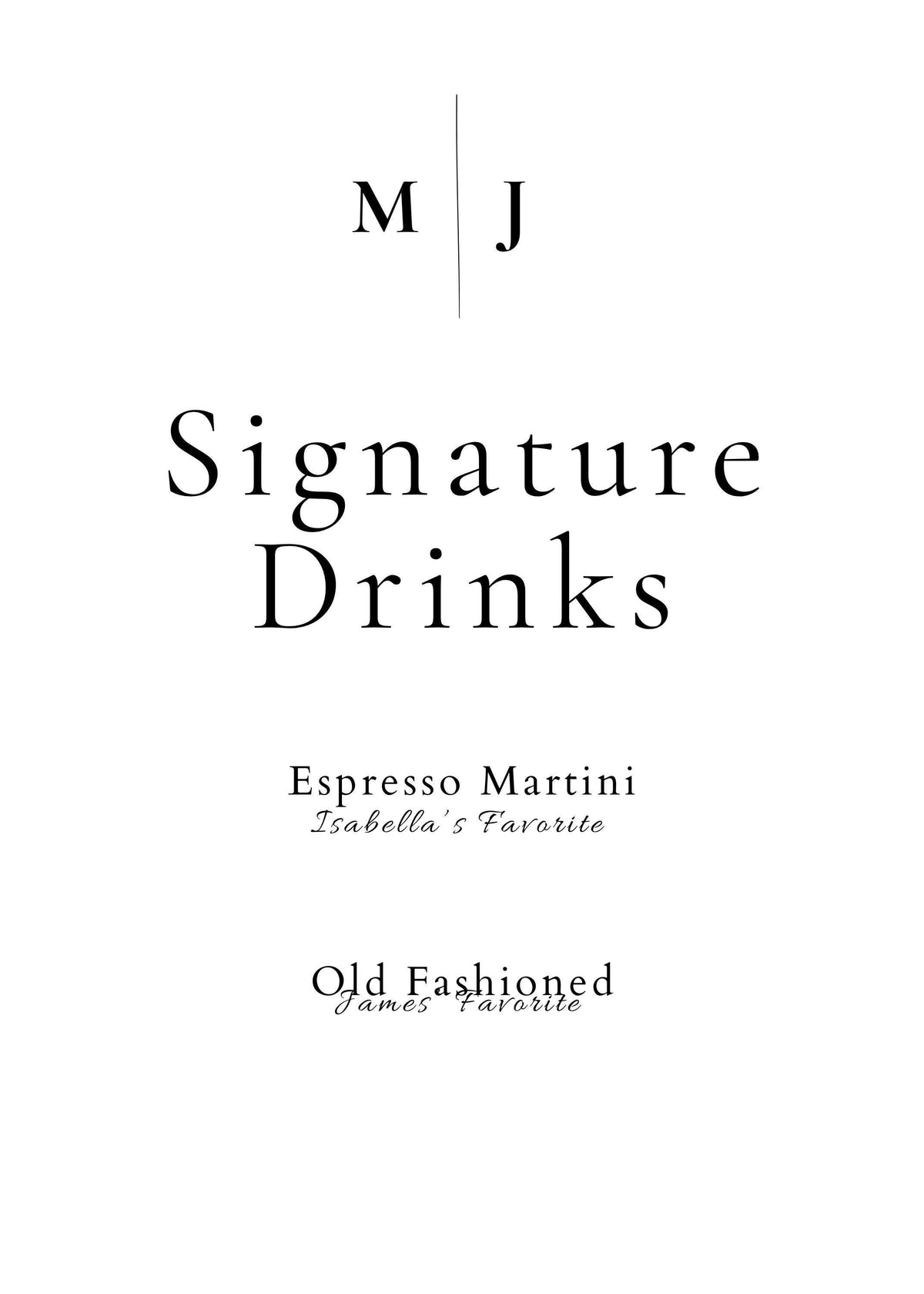 A white sign with a thin black line under the letters "M J" at the top, and the text "Signature Drinks" followed by "Espresso Martini Isabella's Favorite" and "Old Fashioned James' Favorite" in black.